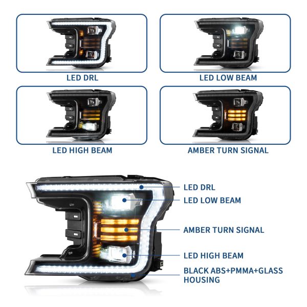 2018-2020 Ford F150 Vland LED Dual Beam Projector HeadLights Black 2018-2020 Ford F150 Vland LED Dual Beam Projector HeadLights Black